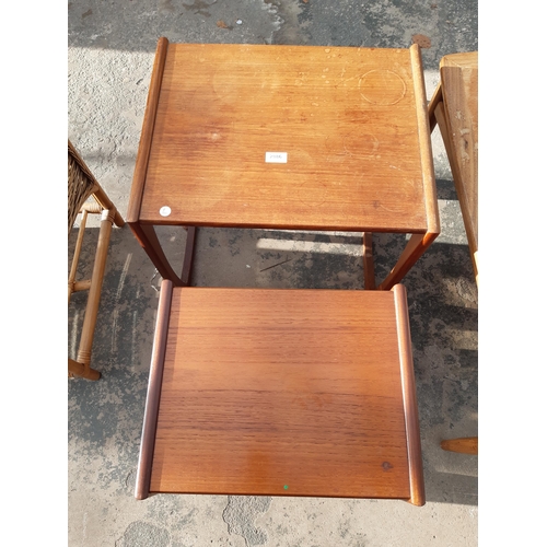 2886 - A RETRO TEAK NEST OF TWO TABLES AND BAMBOO COFFEE TABLE WITH GLASS TOP