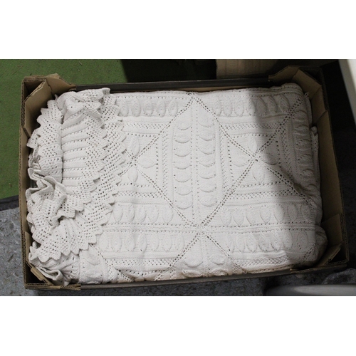 1104 - A VICTORIAN KNITTED BEDSPREAD - IN TWO SECTIONS