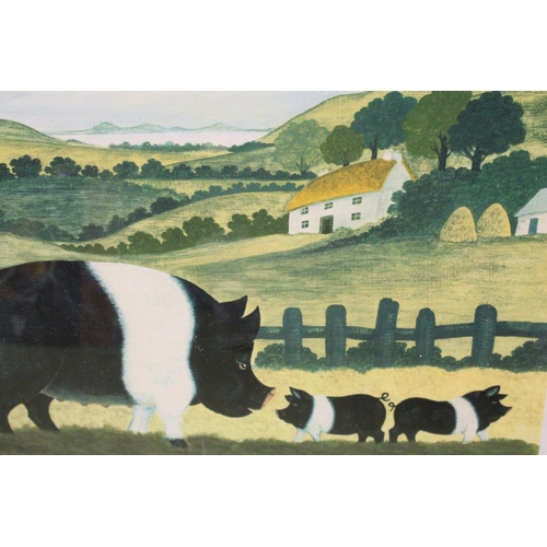 1106 - TWO FRAMED PRINTS, A SADDLEBACK PIGS WITH PIGLETS PLUS A COCKEREL