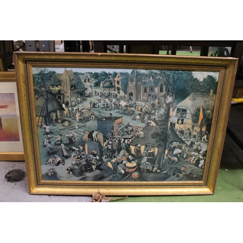 1148 - A LARGE PRINT OF BOARD OF A HIERONYMUS BOSCH STYLE PICTURE FEATURING A MEDIEVAL VILLAGE SCENE, 88CM ... 