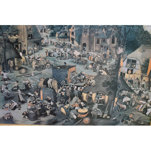 1148 - A LARGE PRINT OF BOARD OF A HIERONYMUS BOSCH STYLE PICTURE FEATURING A MEDIEVAL VILLAGE SCENE, 88CM ... 