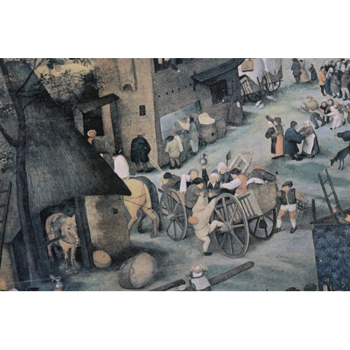 1148 - A LARGE PRINT OF BOARD OF A HIERONYMUS BOSCH STYLE PICTURE FEATURING A MEDIEVAL VILLAGE SCENE, 88CM ... 