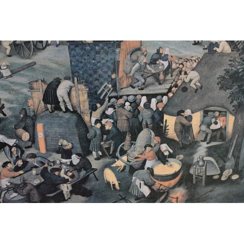 1148 - A LARGE PRINT OF BOARD OF A HIERONYMUS BOSCH STYLE PICTURE FEATURING A MEDIEVAL VILLAGE SCENE, 88CM ... 