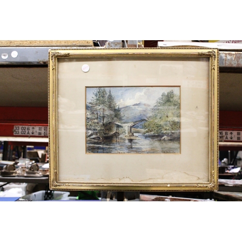 1154 - A FRAMED WATERCOLOUR OF A RIVER AND BRIDGE SCENE, SIGNED G H STUBINGTON