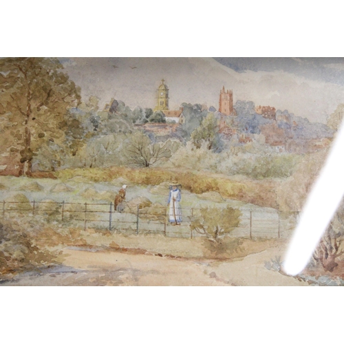 1161 - A SIGNED WATERCOLOUR OF A COUNTRY SCENE, WITH A CHURCH IN THE BACKGROUND