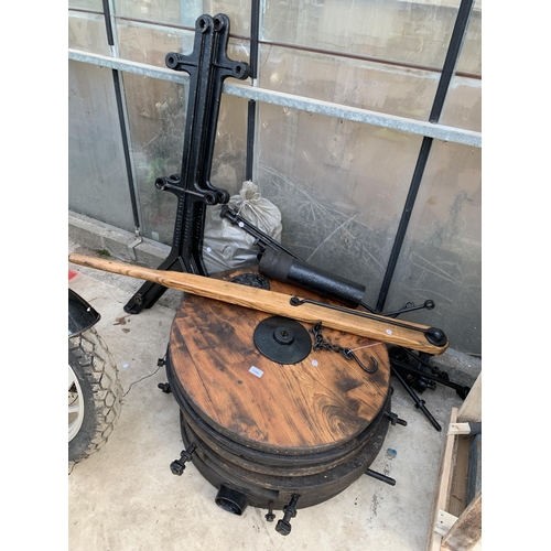 1506 - A LARGE SET OF VINTAGE BLACKSMITHS BELLOWS WITH CAST IRON FRAME AND STAND (THIS ITEM HAS BEEN DISMAN... 