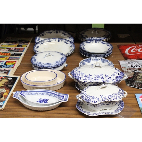 1300 - A QUANTITY OF BLUE AND WHITE SERVING PLATES, BOWLS, ETC TO INCLUDE 'SAVOY'