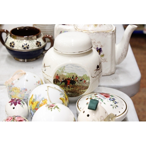 281 - A LARGE COLLECTION OF VINTAGE POMANDERS PLUS A HUNTING SCENE POT, ANIMAL FIGURES, ETC