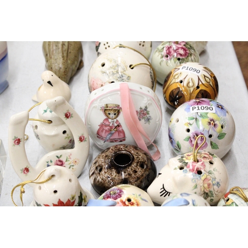 281 - A LARGE COLLECTION OF VINTAGE POMANDERS PLUS A HUNTING SCENE POT, ANIMAL FIGURES, ETC