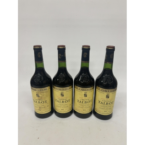 590 - FOUR BOTTLES OF CORDIER GRAND CRU CLASSE CHATEAU TALBOT 1978 BORDEAUX RED WINE