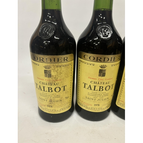 590 - FOUR BOTTLES OF CORDIER GRAND CRU CLASSE CHATEAU TALBOT 1978 BORDEAUX RED WINE