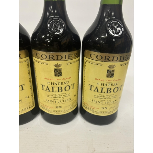 590 - FOUR BOTTLES OF CORDIER GRAND CRU CLASSE CHATEAU TALBOT 1978 BORDEAUX RED WINE