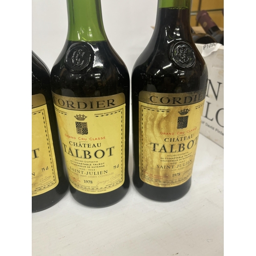 591 - FOUR BOTTLES OF CORDIER GRAND CRU CLASSE CHATEAU TALBOT 1978 BORDEAUX RED WINE