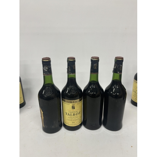 592 - FOUR BOTTLES OF CORDIER GRAND CRU CLASSE CHATEAU TALBOT 1978 BORDEAUX RED WINE (LABELS MISSING/DAMAG... 