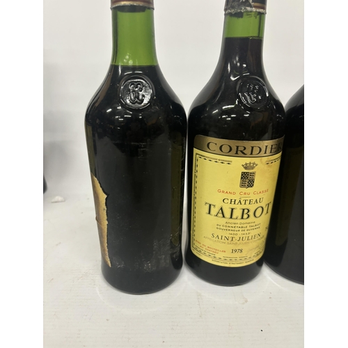 592 - FOUR BOTTLES OF CORDIER GRAND CRU CLASSE CHATEAU TALBOT 1978 BORDEAUX RED WINE (LABELS MISSING/DAMAG... 