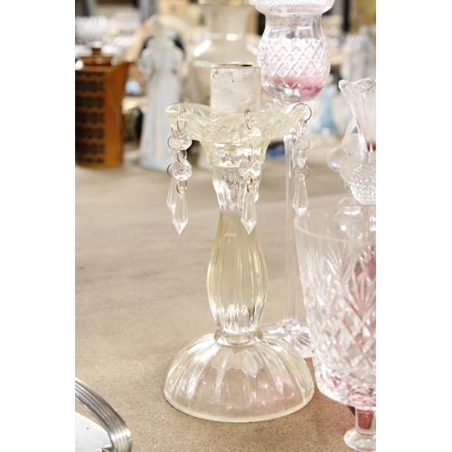 1170 - A QUANTITY OF GLASSWARE TO INCLUDE CANDLESTICKS, WINE GLASSES, A CRANBERRY GLASS DECANTER, ETC