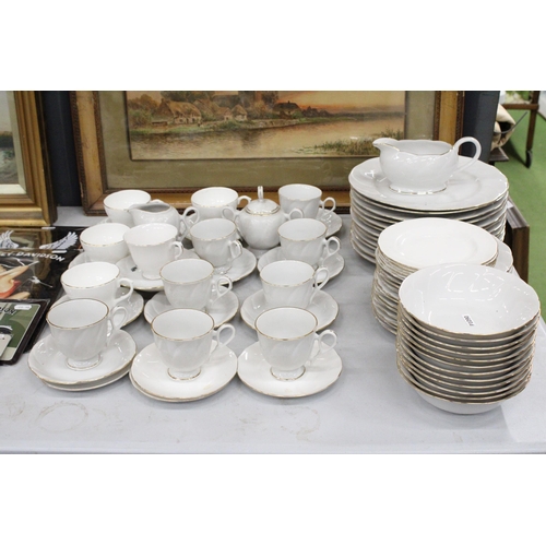 1174 - A SUPREME PORCELAIN WHITE WITH GILT EDGE PART DINNER SERVICE TO INCLUDE PLATES, BOWLS, A SAUCE JUG, ... 