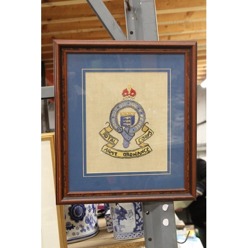 1175 - A FRAMED ROYAL ARMY ORDNANCE CORPS BADGE, STITCHED BY ANDREW LEWIS PETERS, WHILE IN HOSPITAL, 1942