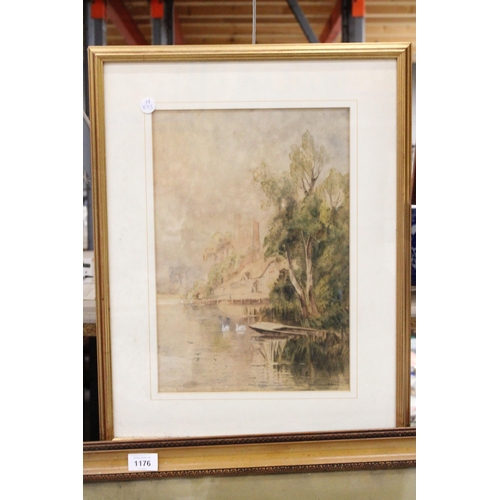 1177 - A FRAMED VINTAGE WATERCOLOUR OF A RIVER AND CHURCH, SIGNED H COX 40CM X 52CM