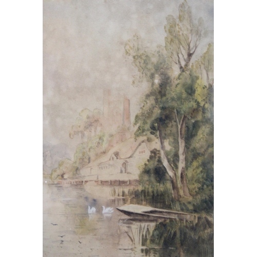 1177 - A FRAMED VINTAGE WATERCOLOUR OF A RIVER AND CHURCH, SIGNED H COX 40CM X 52CM