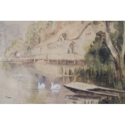 1177 - A FRAMED VINTAGE WATERCOLOUR OF A RIVER AND CHURCH, SIGNED H COX 40CM X 52CM