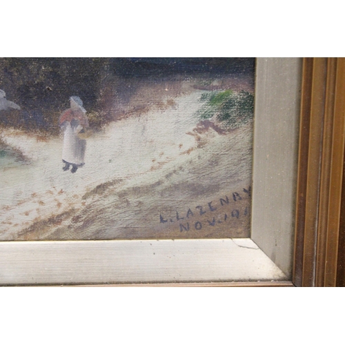 1179 - AN OIL ON CANVAS OF A COTTAGE SCENE, SIGNED L LAZENAY, NOV '91, IN A GILT FRAME, 44CM X 38CM