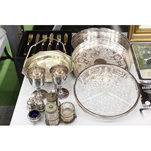 1180 - A QUANTITY OF SILVER PLATE TO INCLUDE TRAYS, A NIBBLES DISH, BASKET BOWL GOBLETS, CONDIMENT SETS PLU... 