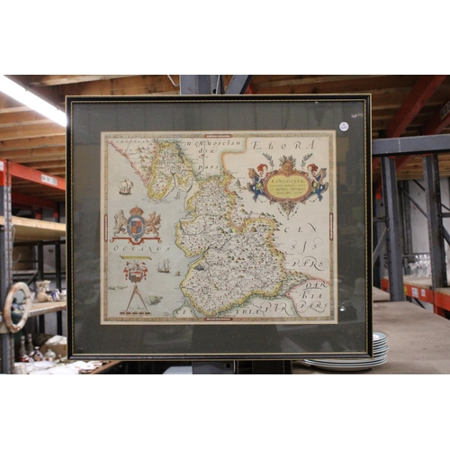 1181 - A FRAMED PRINT OF SAXTON'S MAP OF LANCASHIRE, 1577