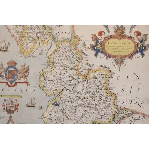 1181 - A FRAMED PRINT OF SAXTON'S MAP OF LANCASHIRE, 1577