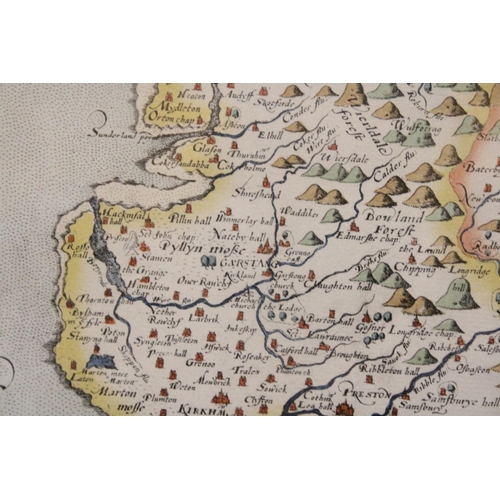 1181 - A FRAMED PRINT OF SAXTON'S MAP OF LANCASHIRE, 1577