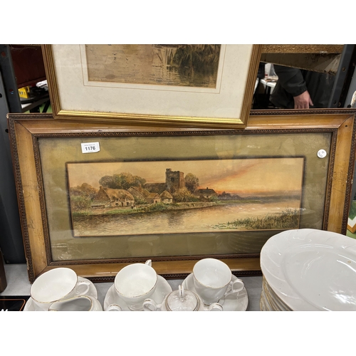 1176 - A FRAMED WATERCOLOUR OF A RIVER SCENE AT SUNSET, SIGNED J CLIFFORD, 74CM X 39CM