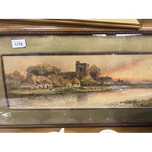 1176 - A FRAMED WATERCOLOUR OF A RIVER SCENE AT SUNSET, SIGNED J CLIFFORD, 74CM X 39CM