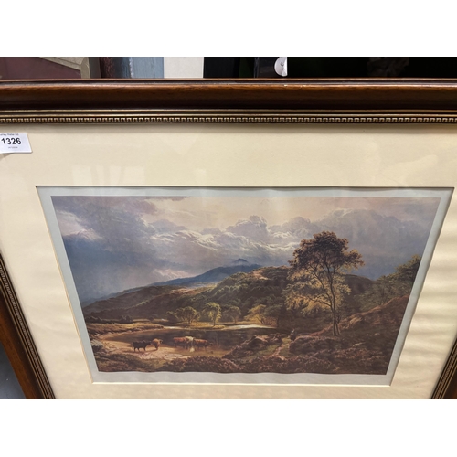 1326 - A FRAMED PRINT OF THE MOUNTAINS AND COWS WITH A FARMER BY A LAKE