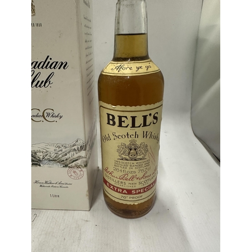 376A - THREE BOTTLES OF MIXED SPIRITS TO INCLUDE BELLS 70 PROOF, CANADIAN CLUB LITRE BOTTLING,DIMPLE