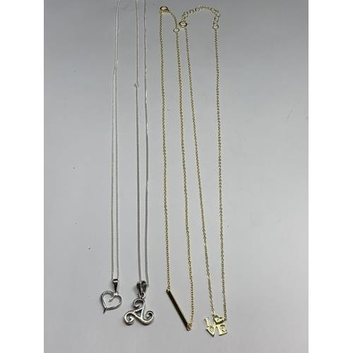 691 - FOUR MARKED SILVER NECKLACES WITH PENDANTS TO INCLUDE TWO GOLD PLATED