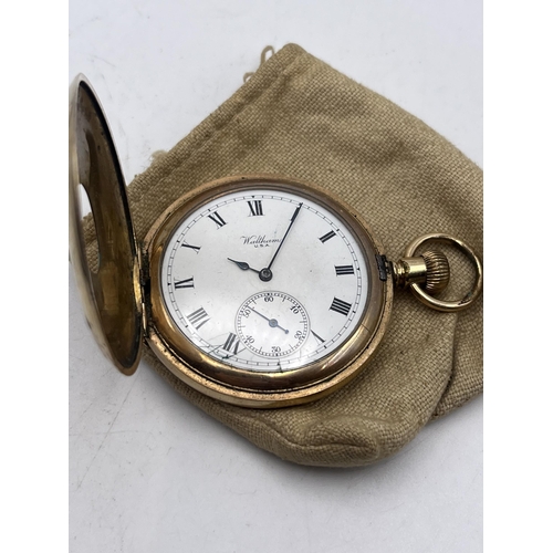 530 - AN ANTIQUE HALF HUNTER YELLOW METAL POCKET WATCH 47MM