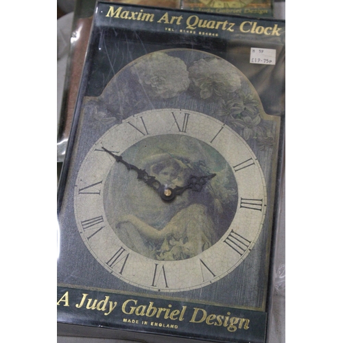 200 - FOUR LARGE AND ONE SMALL, JUDY GABRIEL DESIGN MAXIM ART WALL CLOCKS - NEW IN BOXES