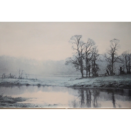 293 - A LARGE FRAMED PRINT ON BOARD, TITLE 'MISTY SUNRISE', 96CM X 70CM