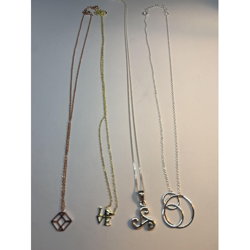 671 - FOUR MARKED SILVER NECKLACES TO INCLUDE A ROSE GOLD AND A YELLOW GOLD PLATED