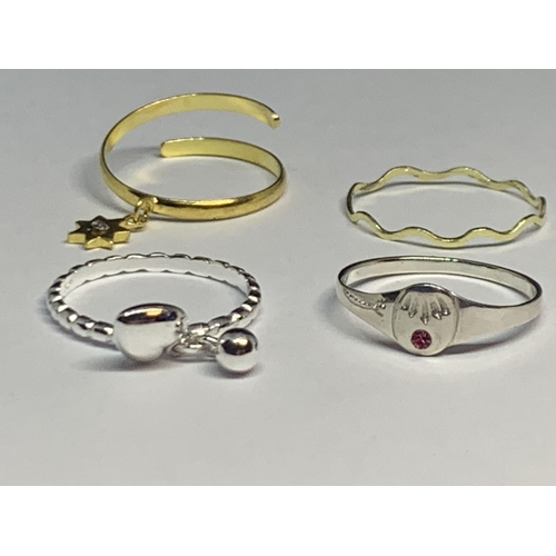 681 - FOUR MARKED SILVER RINGS TO INCLUDE A GOLD PLATED