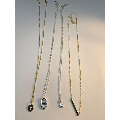 682 - FOUR MARKED SILVER NECKLACES WITH PENDANTS TO INCLUDE TWO GOLD PLATED