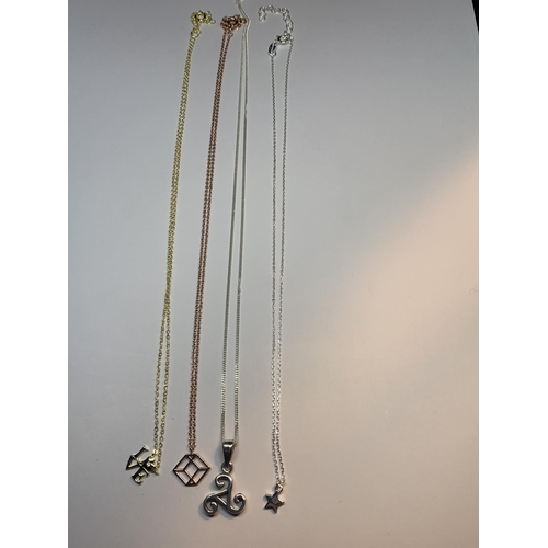 723 - FOUR MARKED SILVER NECKLACES WITH PENDANTS TO INCLUDE A YELLOW GOLD AND A ROSE GOLD PLATED