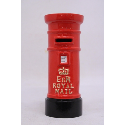 902 - A CAST RED, ROYAL MAIL POST BOX MONEY BOX, HEIGHT 19CM