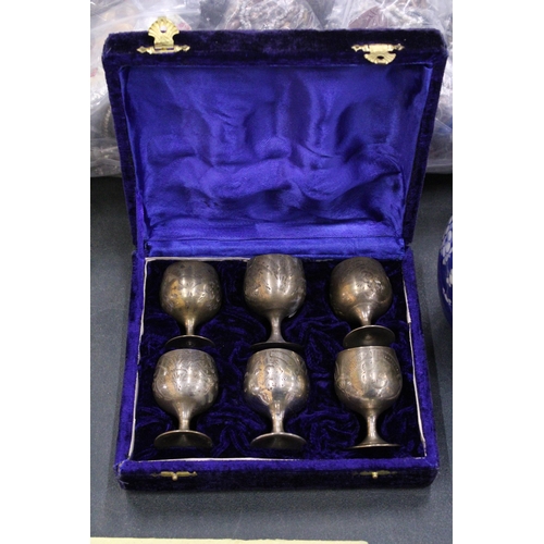 916 - A SET OF SIX SILVER PLATED GOBLETS IN A PRESENTATION CASE