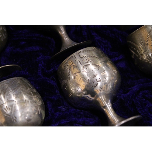 916 - A SET OF SIX SILVER PLATED GOBLETS IN A PRESENTATION CASE