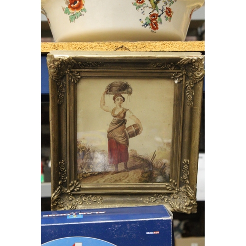 995 - AN 1800'SWATERCOLOUR - LADY WITH CASK' IN AN ORNATE GILT FRAME