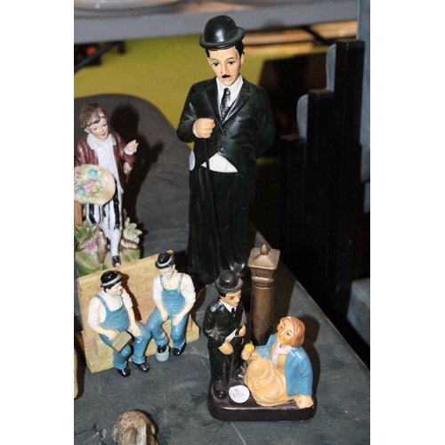 1077 - A QUANTITY OF CERAMICS FIGURES TO INCLUDE TWO PAIRS OF TEDDY THEMED BOOK-ENDS, CHARLIE CHAPLIN, LAUR... 