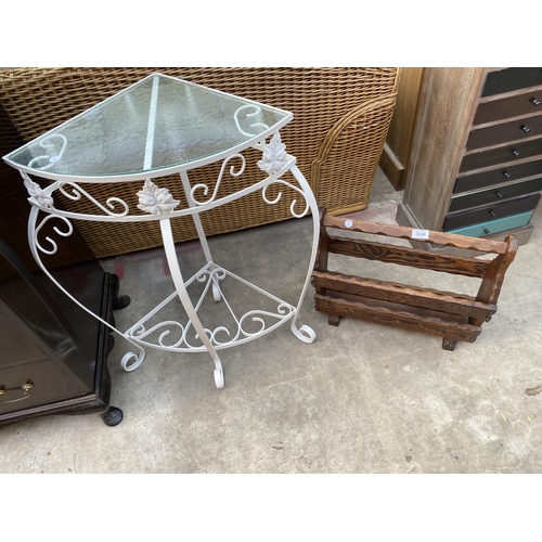 2549 - A SPANISH STYLE MAGAZINE RACK AND IRON CORNER TABLE WITH GLASS TOP