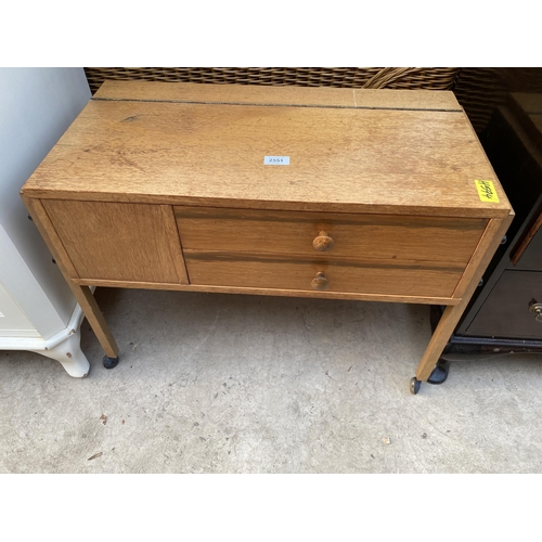 2551 - A RETRO TEAK TIMES FURNISHING SEWING TABLE WITH LIFT UP LID, 28