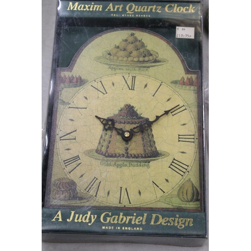 200 - FOUR LARGE AND ONE SMALL, JUDY GABRIEL DESIGN MAXIM ART WALL CLOCKS - NEW IN BOXES